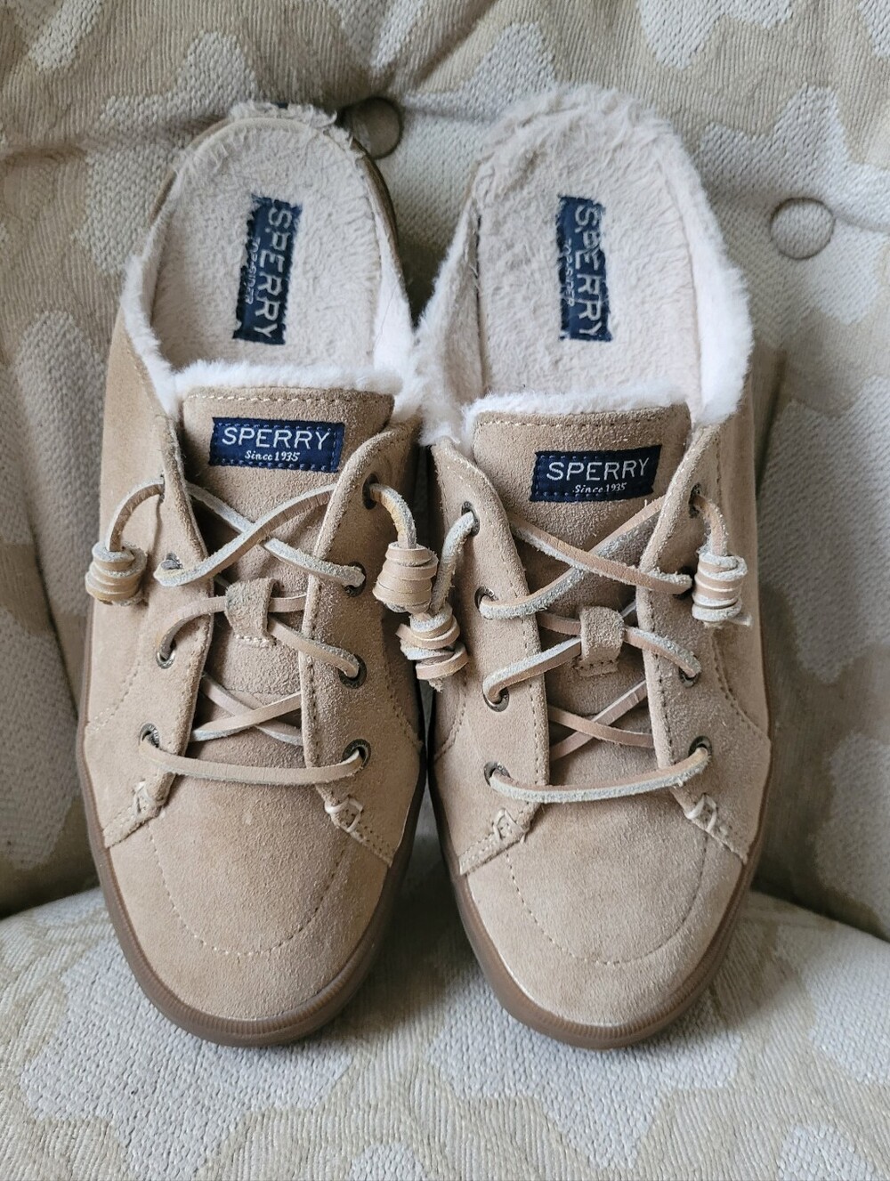 SPERRY MULES SLIP ON TAN SUEDE FAUX FUR LINING LACES WOMEN'S 10 M